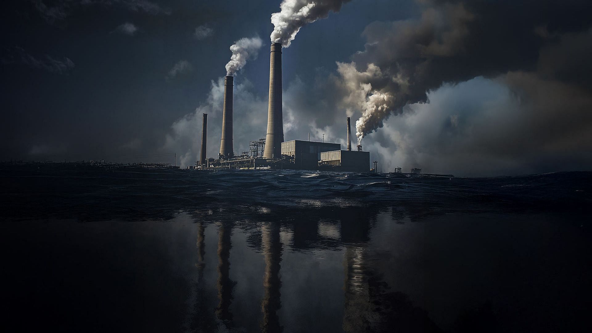 KI-Titelbild: rauchende Schlote über einer spiegelnden Wasserfläche