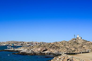 The Shark Island peninsula off the harbour of Lüderitz in southern Namibia.