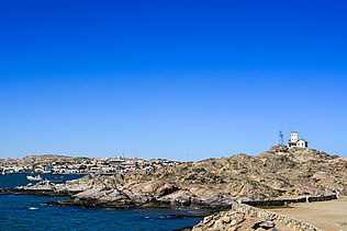 The Shark Island peninsula off the harbour of Lüderitz in southern Namibia.